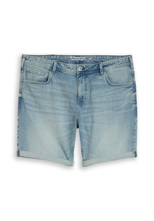 Lichtblauwe denimshorts met omgeslagen zomen, knoop en ritssluiting aan de voorkant, riemlussen en drie voorzakken.