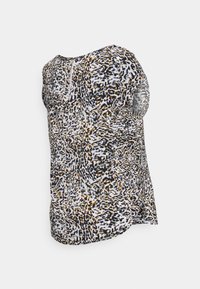 Blusa de manga curta em tecido leve, com um padrão de leopardo em branco, preto, dourado e castanho, apresentando um detalhe em formato de chave na parte de trás.