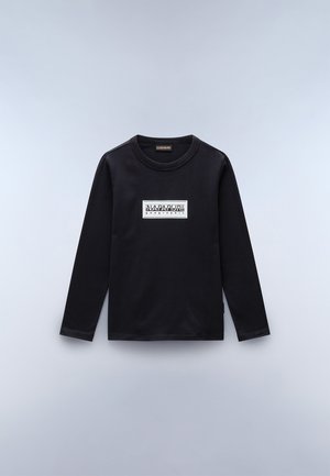 Long-sleeve black T-shirt made of soft cotton with a round neck and a white graphic logo centered on the chest. Flat hem and cuffs.