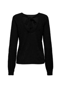 Svart langermet topp med teksturmønster, med rund ryggutringning som er knyttet med en sløyfe. Laget av et mykt, lett elastisk materiale.