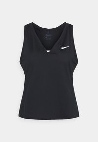 Černý tílko Dri-FIT s výstřihem do V, bez rukávů a malým bílým logem Nike na levé straně hrudi. Měkká, strukturovaná látka.
