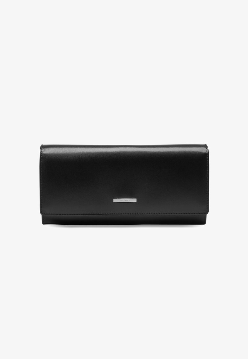 Black leather wallet with a smooth texture, rectangular shape, and a metallic accent in the center. Seam detailing along the edges.