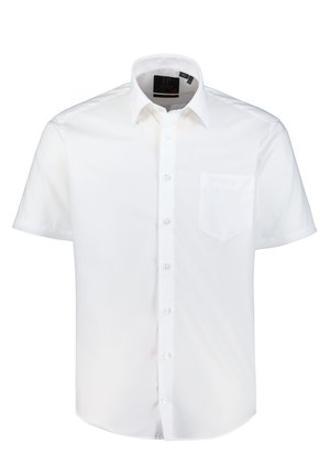 Camicia bianca a maniche corte con bottoni, realizzata in tessuto morbido. Presenta una tasca sul petto e un colletto classico con orlo dritto.