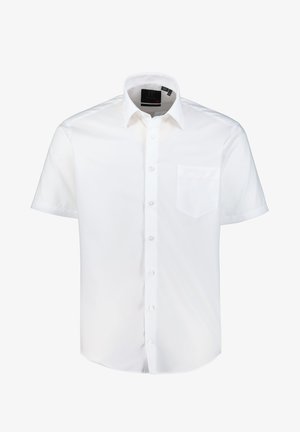 Camisa de botones blanca de manga corta hecha de tela suave. Presenta un bolsillo en el pecho y un cuello clásico con un dobladillo recto.