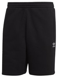 Pantaloni corti in cotone neri con elastico in vita, tasche laterali e un piccolo logo Adidas argentato sulla parte bassa della gamba sinistra.