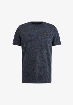 Navyblauwe katoenen t-shirt met abstract textuurpatroon in lichtere tinten. Heeft een ronde halslijn en een klein merklabel op de borst.