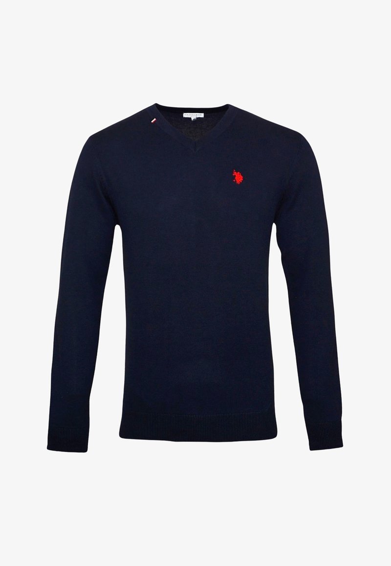 Pull à col en V bleu marine à manches longues avec un petit logo rouge brodé sur la poitrine gauche.