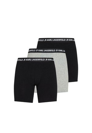 Drei Herren-Boxershorts in Schwarz und Grau mit schwarzen Bundbändern, auf denen "KARL LAGERFELD" in weißer Schrift steht.