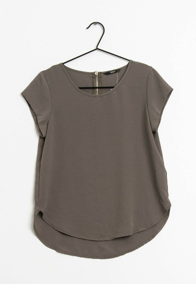 Haut gris à manches courtes avec un col rond, un ourlet incurvé et un détail de fermeture éclair au dos. Fabriqué en tissu léger et légèrement texturé.