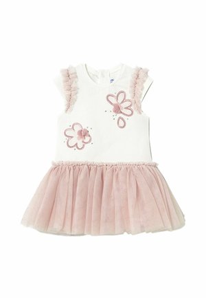 Abito bianco con maniche corte, gonna in tulle rosa e dettagli frill rosa. Presenta fiori ricamati in rosa e piccoli gioielli decorativi.