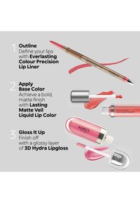 Étapes de maquillage des lèvres avec les produits KIKO : crayon à lèvres Everlasting Colour Precision, couleur liquide mate Lasting Matte Veil, et gloss hydratant 3D Hydra.