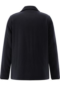 Black, long-sleeve coat with a collar, featuring a smooth texture and a straight cut. No visible hardware or patterns.