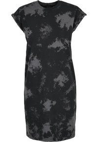 Crna kratka haljina s kratkim rukavima koja se odlikuje tie-dye uzorkom u različitim nijansama sive, izrađena od mekog materijala s opuštenim krojem.