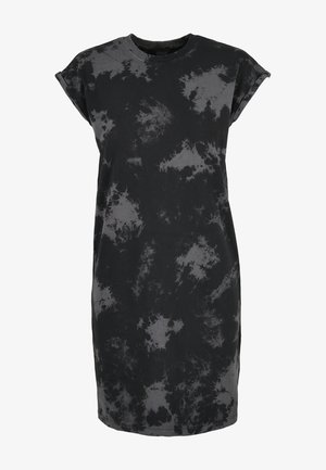 Rochie neagră cu mânecă scurtă, cu un model tie-dye în nuanțe variate de gri, realizată dintr-un material moale, cu o croială confortabilă.