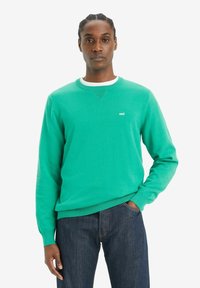 Suéter de cuello redondo en color turquesa con puños y dobladillo acanalados. Cuenta con un pequeño logo blanco en el pecho. Combinado con unos jeans de mezclilla oscura.