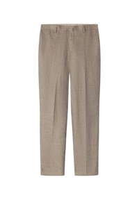 Light brown trousers made from a textured fabric, featuring a straight-leg design, front pleats, and a classic waistband with belt loops.