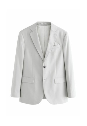 Blazer grigio chiaro realizzato in un tessuto liscio, con due tasche frontali, chiusura con un bottone e design con rever a punta.