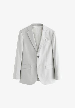 Ljust grå blazer i ett slätt tyg, med två framfickor, en enkel knappstängning och en slagkrage-design.