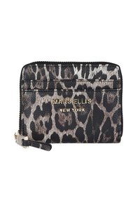Portafoglio stampa leopardata con scritta dorata "MARC ELLIS NEW YORK", progettato con chiusura a zip e texture liscia, dotato di molteplici scomparti per carte.