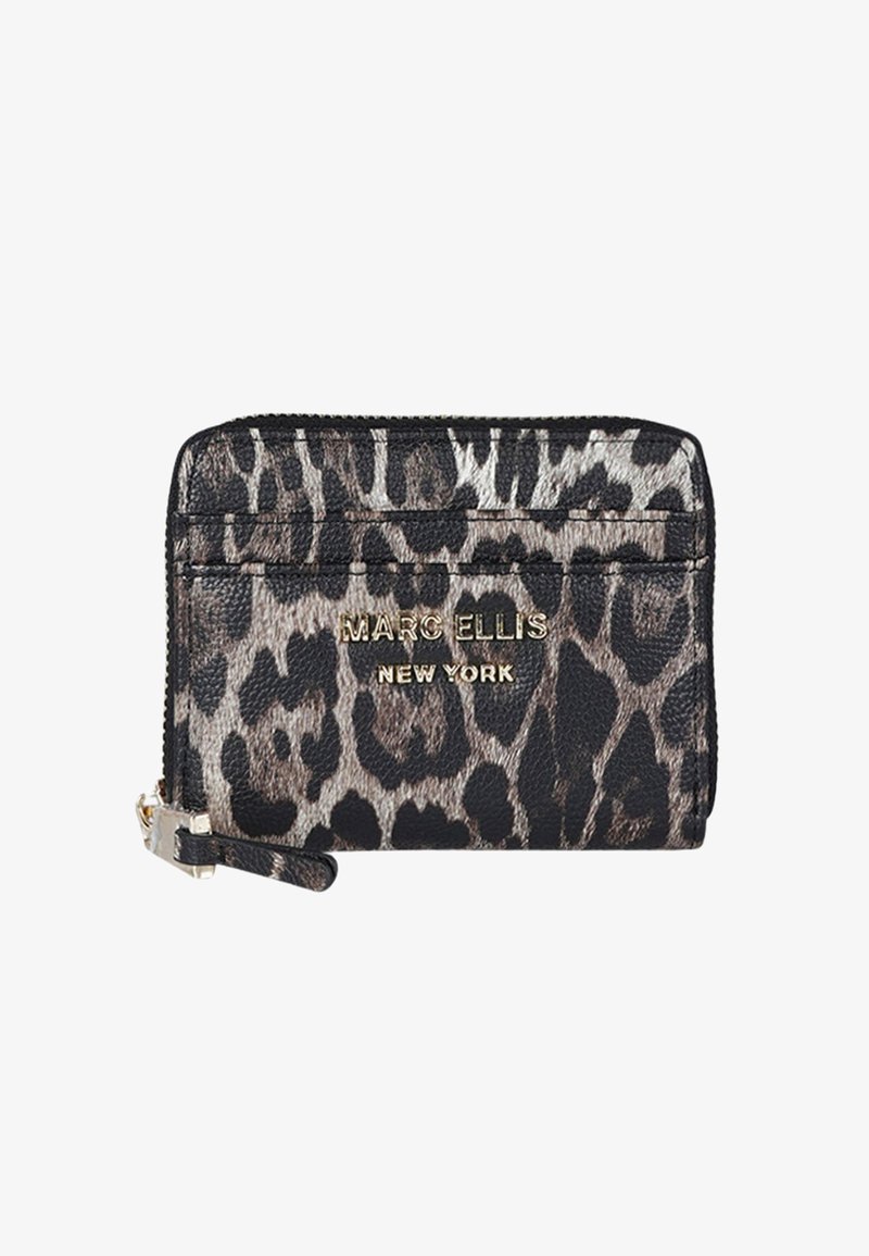 Portafoglio stampa leopardata con scritta dorata "MARC ELLIS NEW YORK", progettato con chiusura a zip e texture liscia, dotato di molteplici scomparti per carte.
