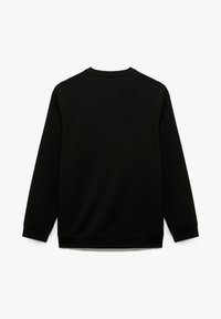 Sudadera negra de cuello redondo con mangas largas y una textura suave y lisa. La parte trasera presenta un diseño simple sin estampados ni logotipos.