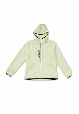 Svetlo zelena jakna na zadrgo s kapuco, kontrastnim črnim robom in logotipom "BROOKS" na sprednji strani. Ima dva stranska žepa.