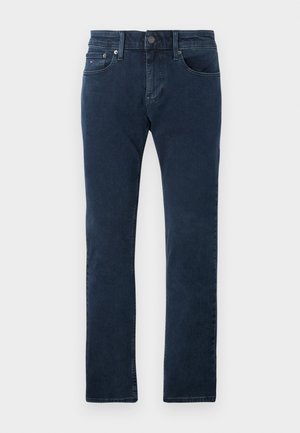 Dunkelblaue Jeans aus Denim, mit geradem Schnitt, fünf Taschen und einem vorderen Knopfverschluss mit Reißverschluss.