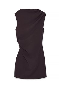 Robe noire sans manches, ajustée, avec un drapé dans le dos. Fabriquée en tissu doux, mettant en avant un design minimaliste et une silhouette épurée.