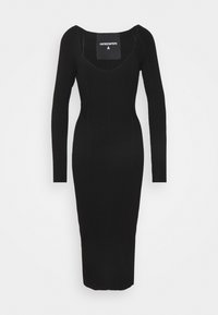 Schwarzes langärmliges Kleid mit einer figurschmeichelnden Silhouette, gefertigt aus geripptem Material. Verfügt über einen Rundhalsausschnitt und einen knielangen Saum. Minimalistisches Design.