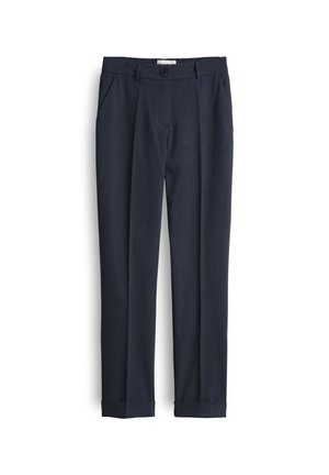 Navyblauwe op maat gemaakte broek van een textuurstof, met een vlakke voorkant, zijzakken en opgerolde boorden voor een nette afwerking.