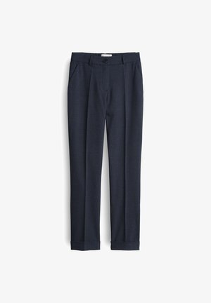 Marineblaue maßgeschneiderte Hose aus strukturiertem Stoff, mit flachem Frontdesign, Seitentaschen und aufgeschlagenen Säumen für einen sauberen Abschluss.