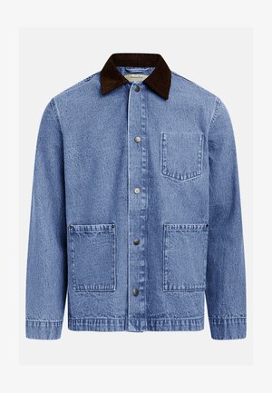 Modrá rifľová bunda s tmavohnedým kordíkovým golierom, tromi prednými patentkami a tromi štvorcovými náprsnými vreckami.