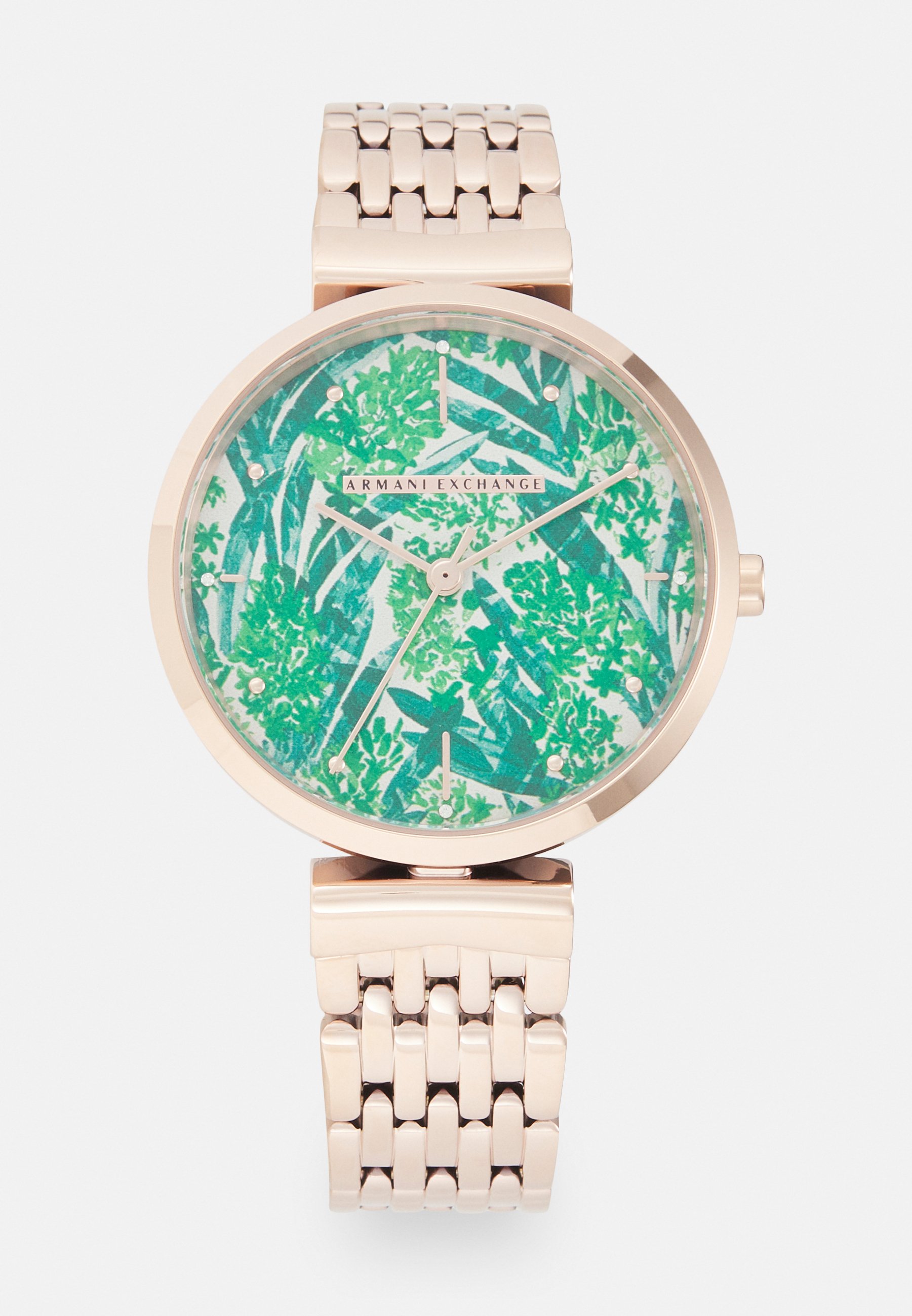 armani exchange silver and rose gold watch