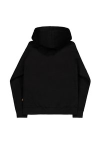 Zwarte hoodie gezien van achteren, met lange mouwen en geribde boorden aan mouwen en zoom, weergegeven tegen een witte achtergrond.