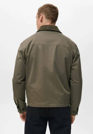 Olive green jacket with a collar, buttoned cuffs, and a structured design. Made from smooth material, showcasing a clean, modern silhouette.