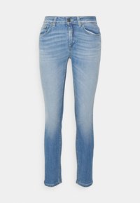 Ljusblå denimjeans. Rakt ben-design med fem fickor. Blekt utseende, gul sömdetalj och metallknappstängning.