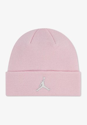 Bonnet en maille rose clair à revers, avec un logo Jumpman blanc centré à l'avant.