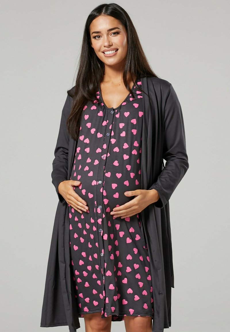 Happy Mama MATERNITY HOSPITAL SET Nightie graphite & pink hearts/pink Zalando.co.uk
