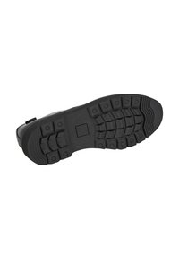 Sole di scarpa in gomma nera caratterizzata da un motivo di battistrada testurizzato con accenti esagonali e scanalature per la trazione. Forma piatta e arrotondata.