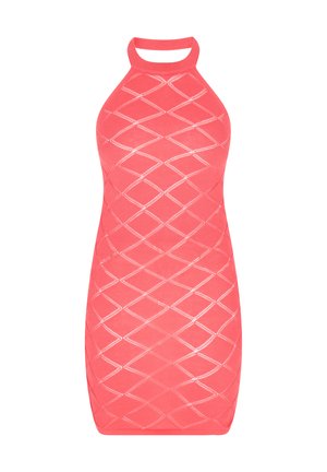 Obleka s halter ovratnikom v svetlem koralnem odtenku, izdelana iz raztegljive trikotne tkanine. Ima diamantni vzorec z Diagonalnimi črtami in oprijet silhueto.