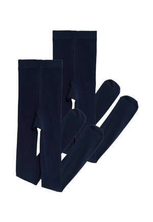 Dos pares de medias opacas de un azul marino oscuro dispuestas de forma plana, mostrando la cinturilla y la longitud completa de las piernas sobre un fondo blanco.