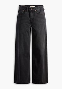 Breda svarta denimjeans med hög midja, med kopparfärgad hårdvara och en mjuk textur. Inga synliga slitningar eller mönster.