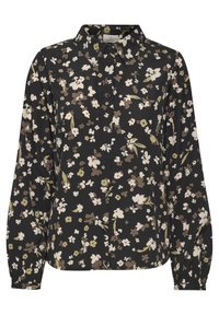 Czarna bluzka zapinana na guziki z kwiatowym wzorem w kremowych, oliwkowych i brązowych odcieniach. Posiada długie rękawy i klasyczny kołnierzyk. Miękka tekstura materiału.