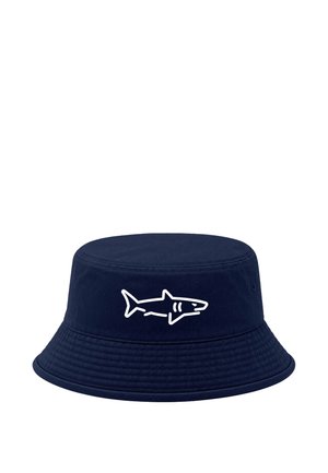 Marineblauer Bucket Hat mit einer weiß umrandeten Hai-Grafik auf der vorderen Mitte, mit Steppnähten rund um die Krempe.