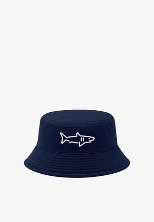 Navy blue bucket hat with a white outlined shark graphic on the front center, featuring stitch detailing around the brim.