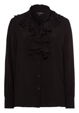 Sort bluse med flæsekant ved kraven, ærmer i fuld længde og knaplukning foran. Fremstillet af glat stof med subtil glans.