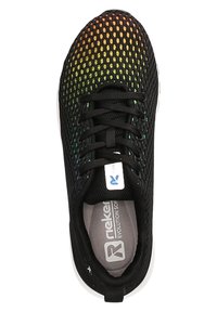 Black athletic shoe featuring a mesh upper with a gradient pattern in green, yellow, and orange. Flat laces and a cushioned insole.