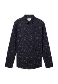 Chemise à manches longues en tissu bleu marine foncé avec un motif de lignes verticales rouges, bleues et blanches. Présente un col et une fermeture à boutons devant.