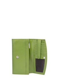 Green leather wallet with a smooth texture, featuring a zippered compartment, card slots, a snap closure, and a clear ID pocket.