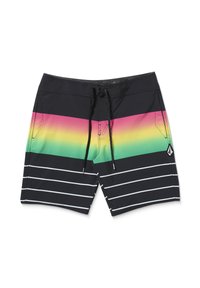 Un short de bain noir présente un design dégradé avec des rayures roses, jaunes et vertes, agrémenté de lignes horizontales blanches et d'une taille à cordon de serrage.